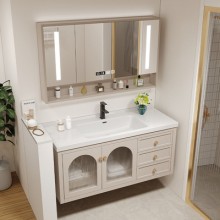 美式橡木智能現代輕奢衛(wèi)生間玻璃門洗臉盆柜組合